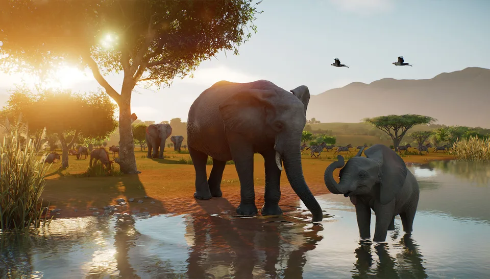 Savanna animals gathering at a watering hole