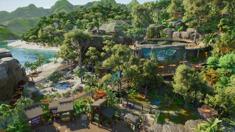 Aerial view of a tropical zoo with aviary and aquarium habitats